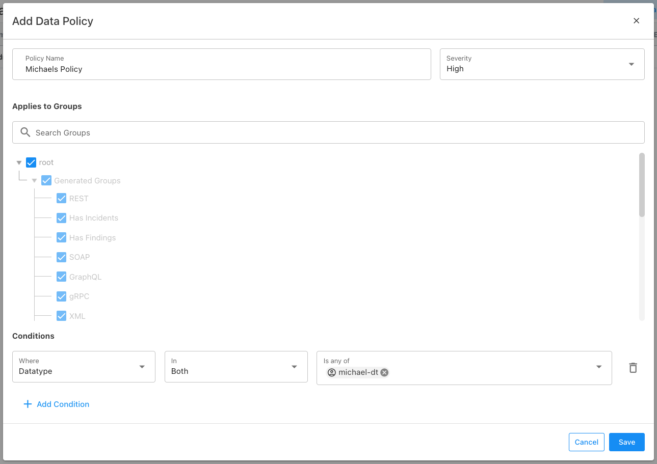 Screenshot of datatype policy creation